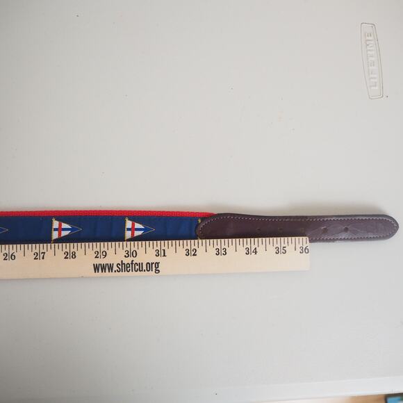 NAUTICAL FLAG Red & Blue Canvas Belt Sz 36 UNBRANDED w Leather & Brass Buckle - Picture 9 of 10
